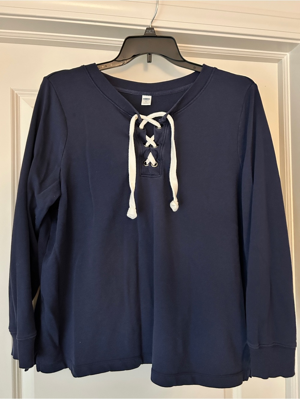 Navy Lace-Up Pullover with White Drawcord